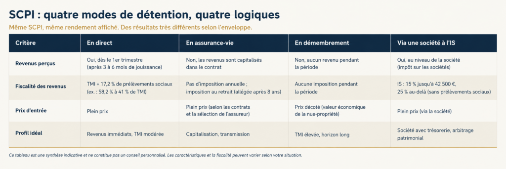 Tableau comparatif des quatre modes de détention de parts de SCPI